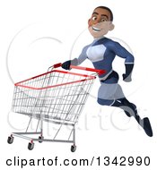 Clipart Of A 3d Young Black Male Super Hero Dark Blue Suit Flying With A Shopping Cart Royalty Free Illustration