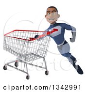Clipart Of A 3d Young Black Male Super Hero Dark Blue Suit Flying With A Shopping Cart 2 Royalty Free Illustration