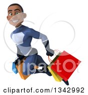 Clipart Of A 3d Young Black Male Super Hero Dark Blue Suit Flying With Shopping Bags Royalty Free Illustration