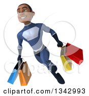 Clipart Of A 3d Young Black Male Super Hero Dark Blue Suit Flying With Shopping Bags 2 Royalty Free Illustration