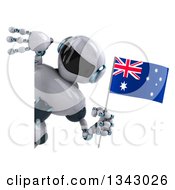 Clipart Of A 3d White And Blue Robot Holding An Australian Flag And Looking Around A Sign Royalty Free Illustration
