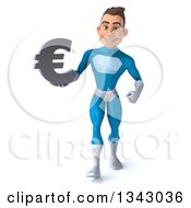 Clipart Of A 3d Young White Male Super Hero In A Light Blue Suit Holding A Euro Currency Symbol And Walking Royalty Free Illustration