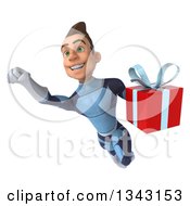 Clipart Of A 3d Young Brunette White Male Super Hero In A Dark Blue Suit Flying And Holding A Gift 2 Royalty Free Illustration