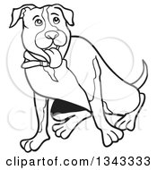 Lineart Clipart Of A Cartoon Black And White Pitbull Dog Sitting And Panting Royalty Free Outline Vector Illustration by LaffToon