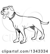 Poster, Art Print Of Cartoon Black And White Pitbull Dog Standing And Panting Facing Left