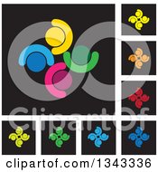 Clipart Of Teamwork Unity Circles Of Colorful People Cheering Or Dancing On Black Backgrounds Royalty Free Vector Illustration