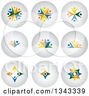 Clipart Of Teamwork Unity Groups Of Colorful People Cheering Or Dancing On Shaded Circle App Icon Button Design Elements Royalty Free Vector Illustration