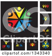 Clipart Of Teamwork Unity Circles Of Colorful People Cheering Or Dancing On Black Backgrounds 2 Royalty Free Vector Illustration