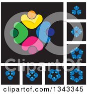 Clipart Of Teamwork Unity Circles Of Colorful People Cheering Or Dancing On Black Backgrounds 3 Royalty Free Vector Illustration