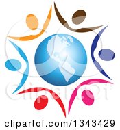 Clipart Of A Teamwork Unity Circle Of Colorful People Cheering And Holding Hands Around Planet Earth Featuring The Americas Royalty Free Vector Illustration