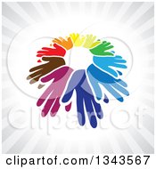 Poster, Art Print Of Circle Of Colroful Hands Symbolizing Teamwork And Unity Over Gray Rays