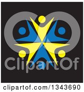 Clipart Of A Teamwork Unity Circle Of Blue And Yellow People Cheering Or Dancing Over Black Royalty Free Vector Illustration