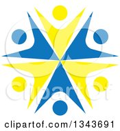 Clipart Of A Teamwork Unity Circle Of Blue And Yellow People Cheering Or Dancing Royalty Free Vector Illustration