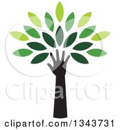 Clipart Of A Black Silhouetted Hand And Arm Forming The Trunk Of A Tree With Green Leaves Royalty Free Vector Illustration