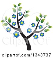 Poster, Art Print Of Tree With Green Leaves And Blue Flowers