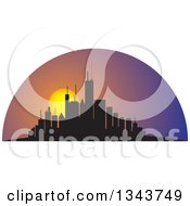 Poster, Art Print Of Silhouetted City Skyscraper Skyline With A Setting Sun