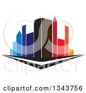 Poster, Art Print Of City Street Corner With Colorful Tall Skyscraper Buildings