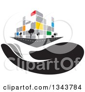 Clipart Of A Hand Under A Colorful Street Corner City Building With Trees Royalty Free Vector Illustration