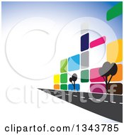 Clipart Of A Colorful Street Along A City Building With Trees Over Gradient Royalty Free Vector Illustration