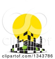 Clipart Of A Street Corner City Building With Trees And A Sunset Royalty Free Vector Illustration