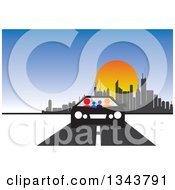 Poster, Art Print Of Colorful Family In A Black And White Car Driving Away From A City At Sunset