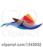 Poster, Art Print Of Brown Red And Orange Sailboat On Blue Waves