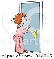 Clipart Of A Cartoon Caucasian Woman In A Robe Looking Through A Peep Hole In A Door Royalty Free Vector Illustration by Johnny Sajem