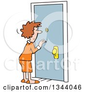 Poster, Art Print Of Cartoon Caucasian Woman Dressed For Work Looking Through A Peep Hole In A Door