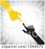 Poster, Art Print Of Pointing Yellow And Black Arms And Hands Reaching For Each Other Over Gray Rays