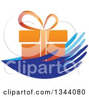 Clipart Of A Pair Of Blue Hands Holding An Orange Gift Royalty Free Vector Illustration