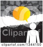 Clipart Of A Silhouetted White Businessman Over A Crowd All Talking With Speech Balloons Royalty Free Vector Illustration