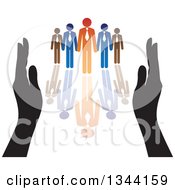 Poster, Art Print Of Hands Protecting A Blue And Orange Team Of Business Men And Reflection