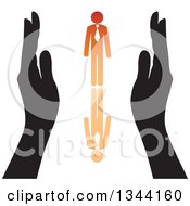 Poster, Art Print Of Hands Protecting An Orange Business Man And Reflection