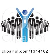 Poster, Art Print Of Blue Cheering Businessman Leading A Team