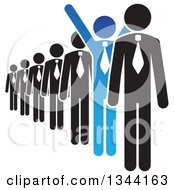 Clipart Of A Blue Cheering Businessman Standing Out In A Line Royalty Free Vector Illustration