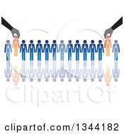 Clipart Of Hands Inserting Orange Business Men In A Line Of Blue Men With A Reflection Royalty Free Vector Illustration