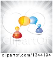 Clipart Of 3d Orange And Blue People Talking Over Gray Rays Royalty Free Vector Illustration