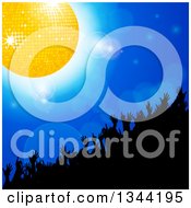 Poster, Art Print Of Silhouetted Crowd Dancing Under A Gold Disco Ball On Blue With Flares