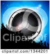 Clipart Of A 3d Silhouetted Dancing Crowd Raising Their Arms Over A Giant Music Speaker On Blue With Flares Royalty Free Vector Illustration