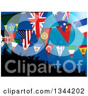 Poster, Art Print Of 3d Silhouetted Dancing Crowd Under Flag Buntings On Blue