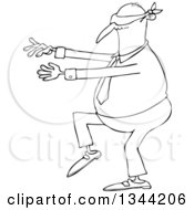 Outline Clipart Of A Cartoon Black And White Chubby Business Man Walking Blindfolded With His Arms Out Royalty Free Lineart Vector Illustration