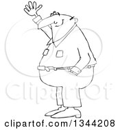 Outline Clipart Of A Cartoon Black And White Chubby Man Smiling And Gesturing Upwards Royalty Free Lineart Vector Illustration