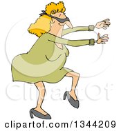 Poster, Art Print Of Cartoon Chubby Blindfolded White Woman Walking And Holding Her Arms Out