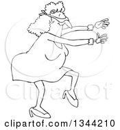 Lineart Clipart Of A Cartoon Black And White Chubby Blindfolded Woman Walking And Holding Her Arms Out Royalty Free Outline Vector Illustration