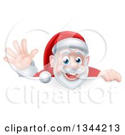 Clipart Of A Cartoon Christmas Santa Claus Waving Over A Sign Royalty Free Vector Illustration
