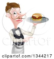 Cartoon Caucasian Male Waiter With A Curling Mustache Holding A Cheeseburger On A Platter And Pointing To The Right