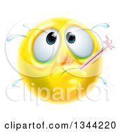 3d Yellow Smiley Emoji Emoticon Face Sick With A Fever And Thermometer