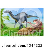 Diplodocus Dinosaur By A T Rex And Triceratops In A Fight