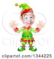 Poster, Art Print Of Cartoon Welcoming Young Brunette White Male Christmas Elf Waving With Both Hands