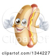 Poster, Art Print Of Cartoon Happy Hot Dog Mascot With A Strip Of Mustard Giving Two Thumbs Up Facing Left